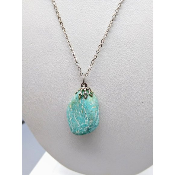 Natural Tumbled Blue Stone Pendant Necklace, Vintage Boho on Silver Tone Chain - Picture 3 of 4